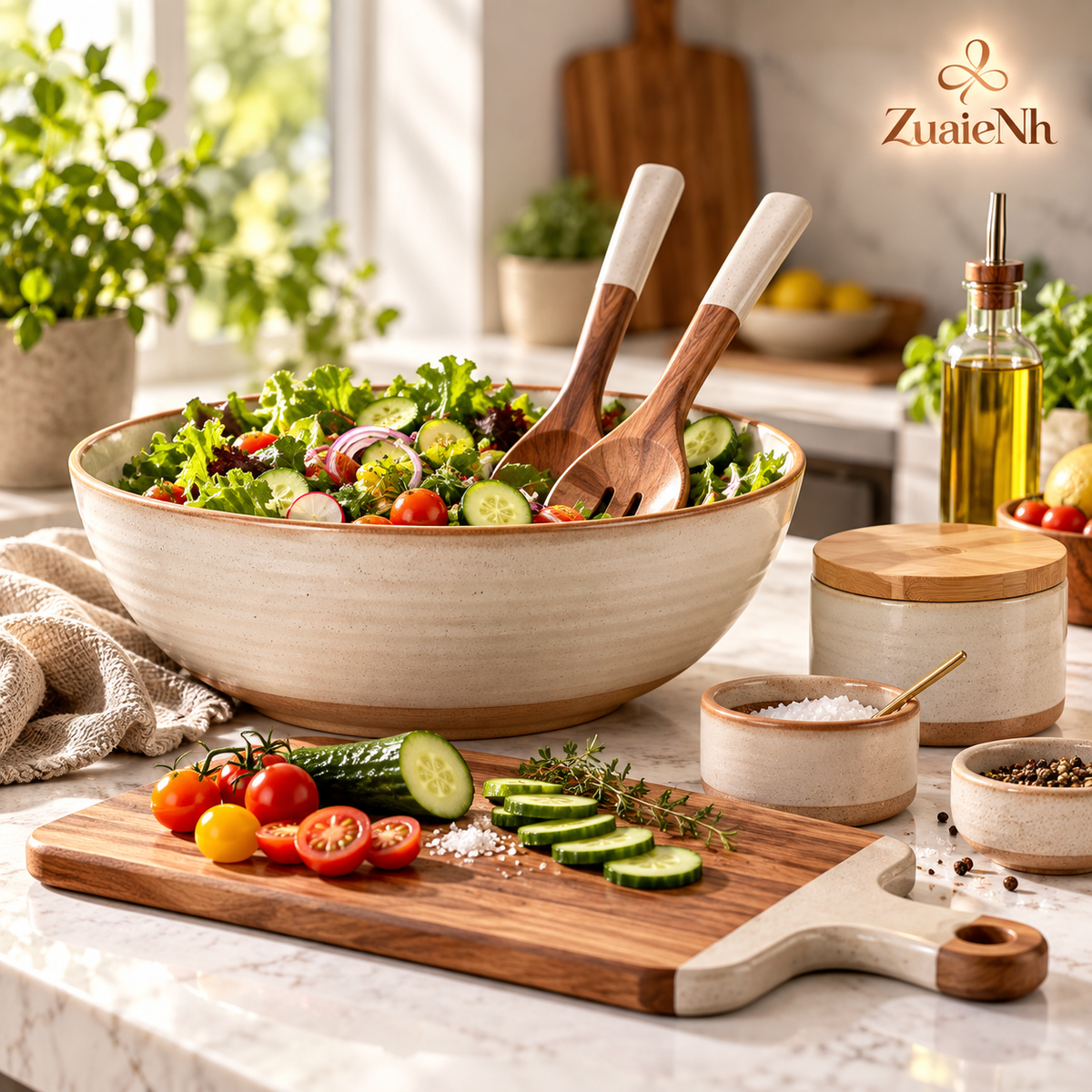 Ceramic Salad Bowl & Serving Utensil Set