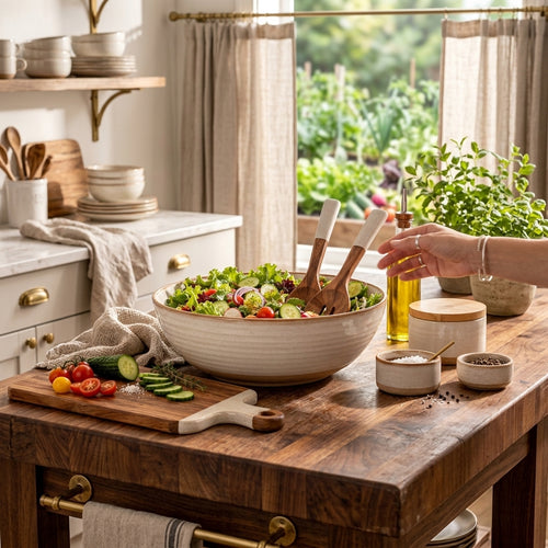 Ceramic Salad Bowl & Serving Utensil Set