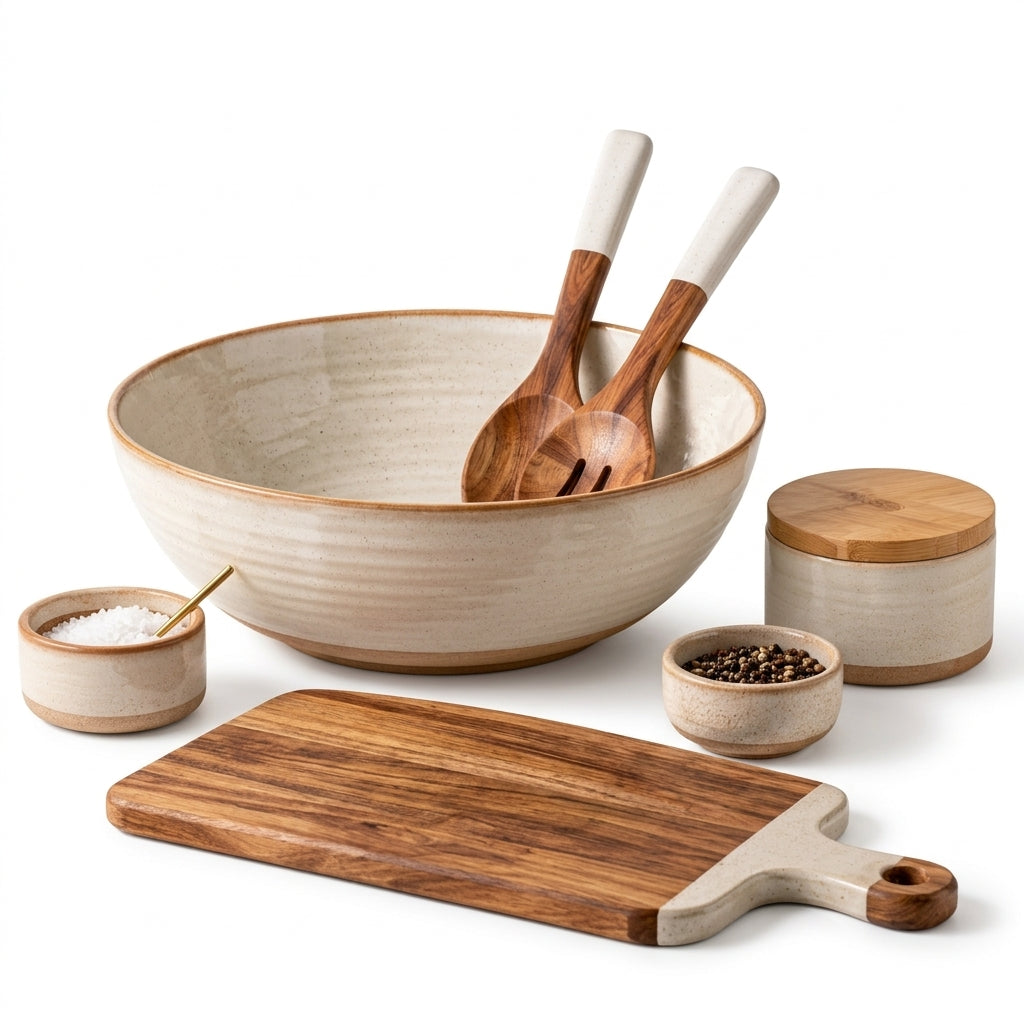 Ceramic Salad Bowl & Serving Utensil Set