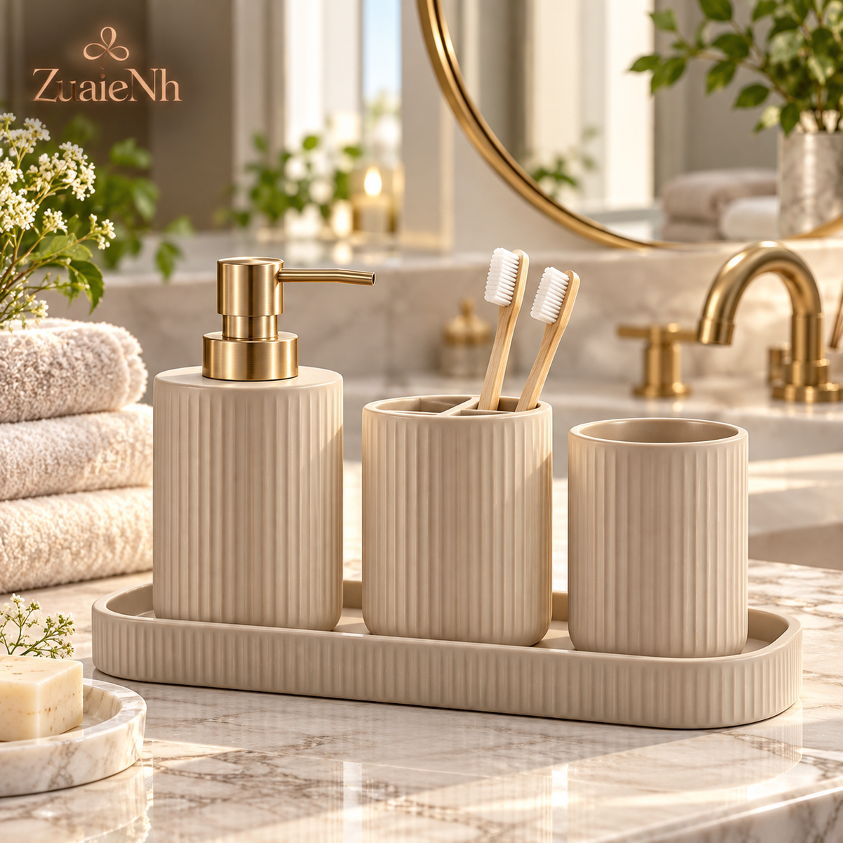 Ribbed Ceramic Bathroom Accessory Set