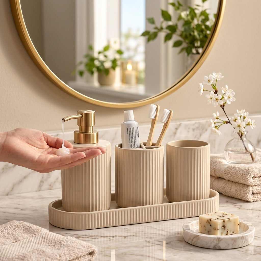 Ribbed Ceramic Bathroom Accessory Set
