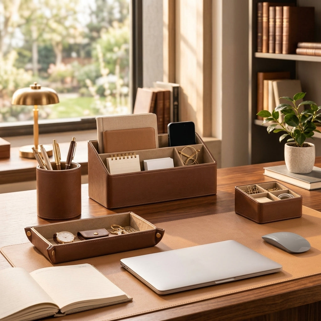 Leather Desk Organizer & Office Storage Set
