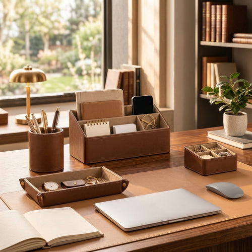 Leather Desk Organizer & Office Storage Set